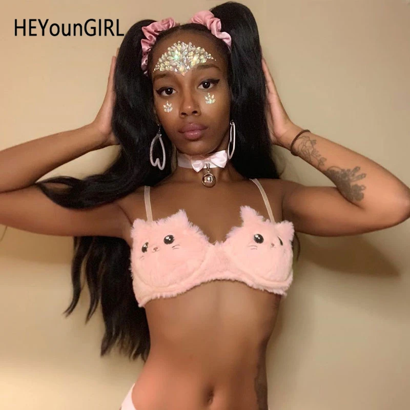 Женский пушистый укороченный топ HEYounGIRL привлекательный розовый без рукавов на