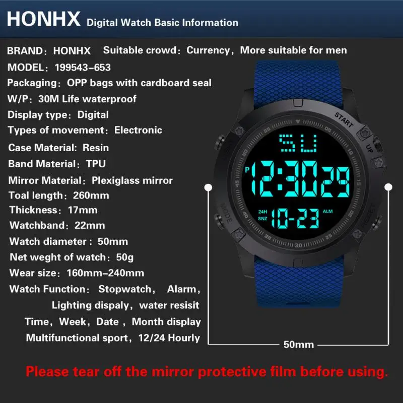 HONHX Fashion Outdoor Sport Waterproof Watch Men Multifunction Digital  Stopwatch Men Military Wristwatch LED Digital