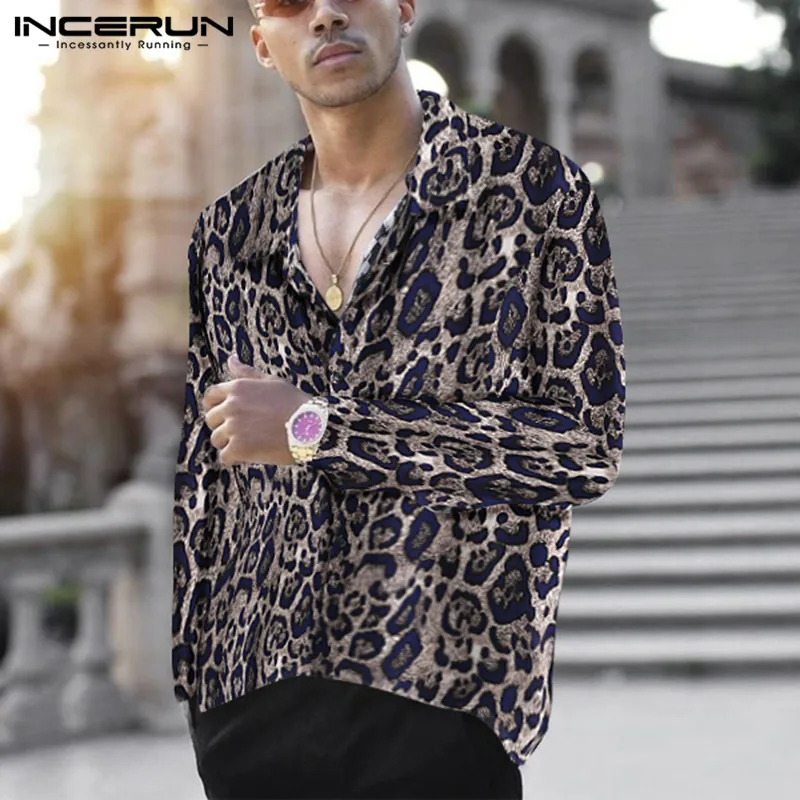 INCERUN/Модная рубашка с леопардовым принтом для мужчин, вечерние рубашки с длинными рукавами и воротником с лацканами, шикарные повседневные