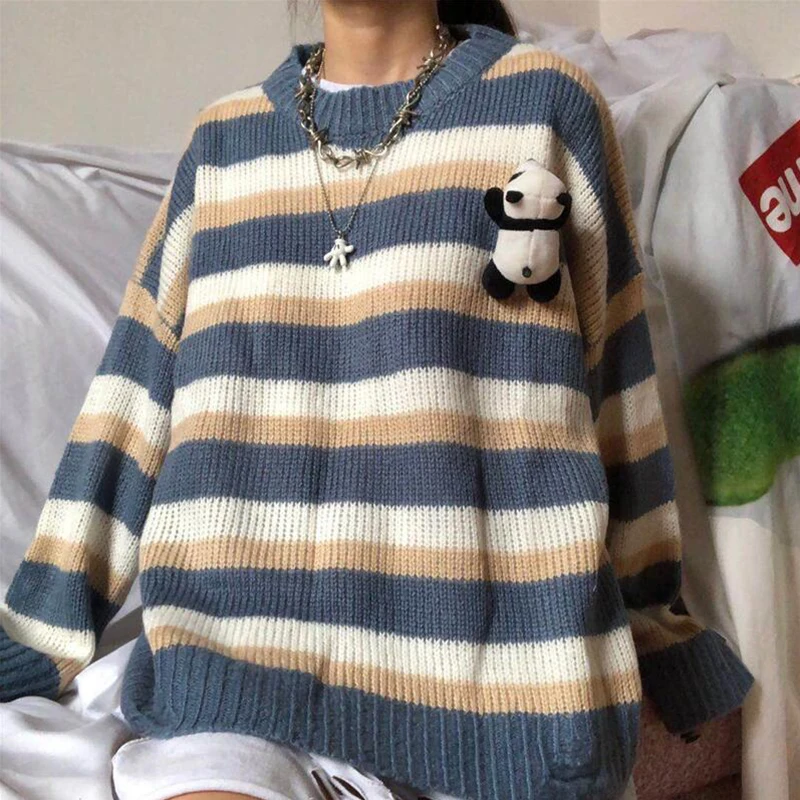 Loose Cute Thicken Retro Japanese Student Sweater Female Autumn winter Wear Long sleeve stripe knitwear pullover Tops Mori Girl | Женская