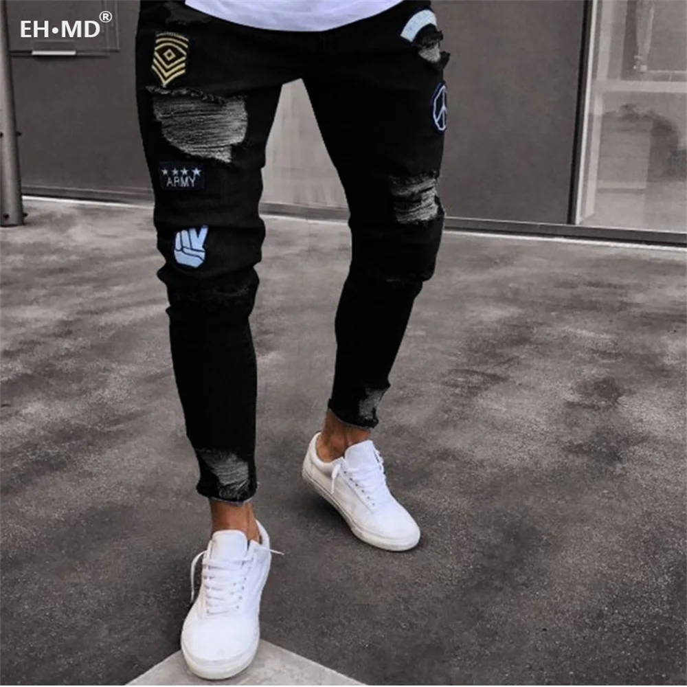 EH·MD® Embroidered Micro-Chapter Jeans Men's Cotton Tight-Fitting Breathable Holes Scratched Slim Fit Ankle-length Pants Wearing