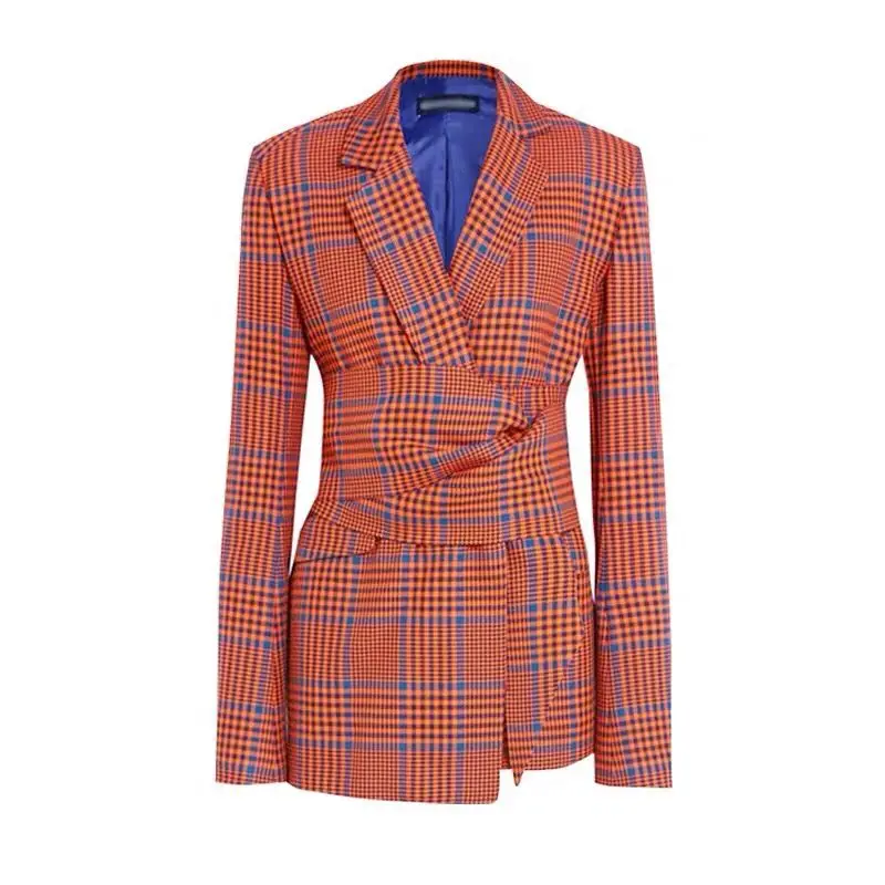 Осенние женские оранжевые клетчатые длинные блейзеры пальто новые офисные жакеты с бантом и поясом длинные куртки
