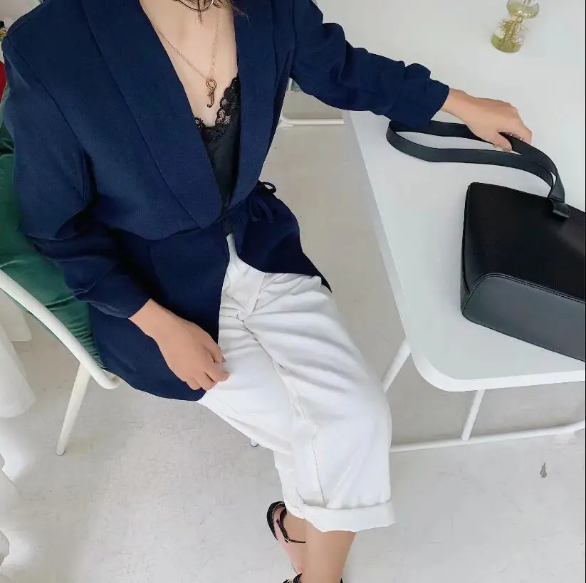 2019 осень женщина BF темно синий шнуровка на талии Ruched манжеты средней длины