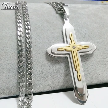 

Tiasri 4mm Cuban Link Chain Man Necklace Three Layer Overlay Cross Pendant Choker Male Gift Stainless Steel Jewelry Accessory