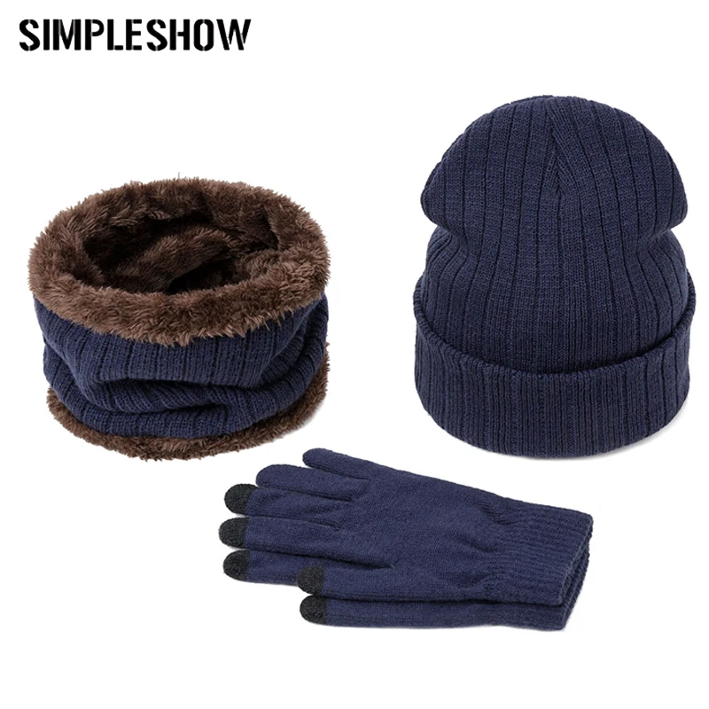 

2019 New Men Winter Hat Scarf Gloves Set Women Knit Winter Warm beanie hat Thicken Plus Velvet Ring Scarf Touchable Gloves