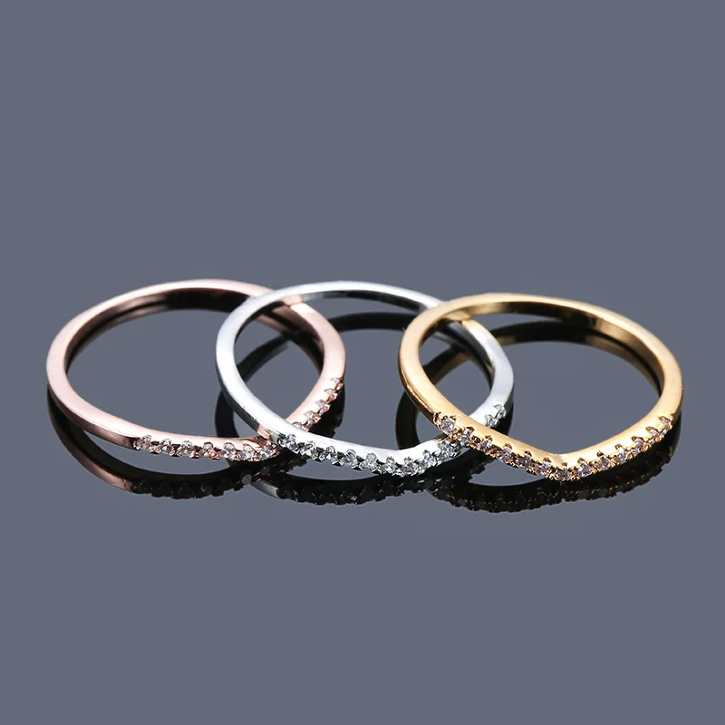 

Elegant Curved V Shape Thin Cz Rings three Color V Wedding Band Stackable Ring Women's Jewelry Gift