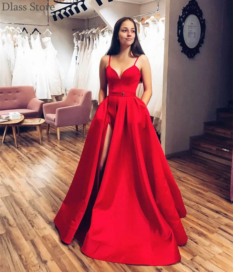 

2020 New Evening Dress Simple Spaghetti Strap Red V-neck Satin Split Floor Length Sleeveless Prom Dress