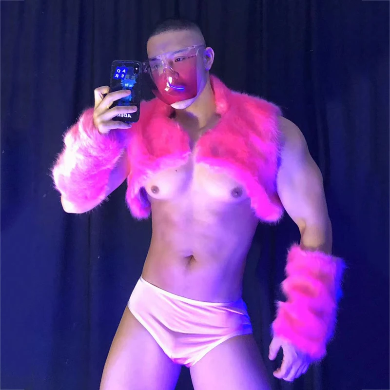 men dance wear Pole Dance Clothing Men'S Nightclub Bar Gogo Dancer Costume Sexy Blue Pink Fur Suit Solo Burning Man Stage Rave Outfit XS3058 mens dancewear