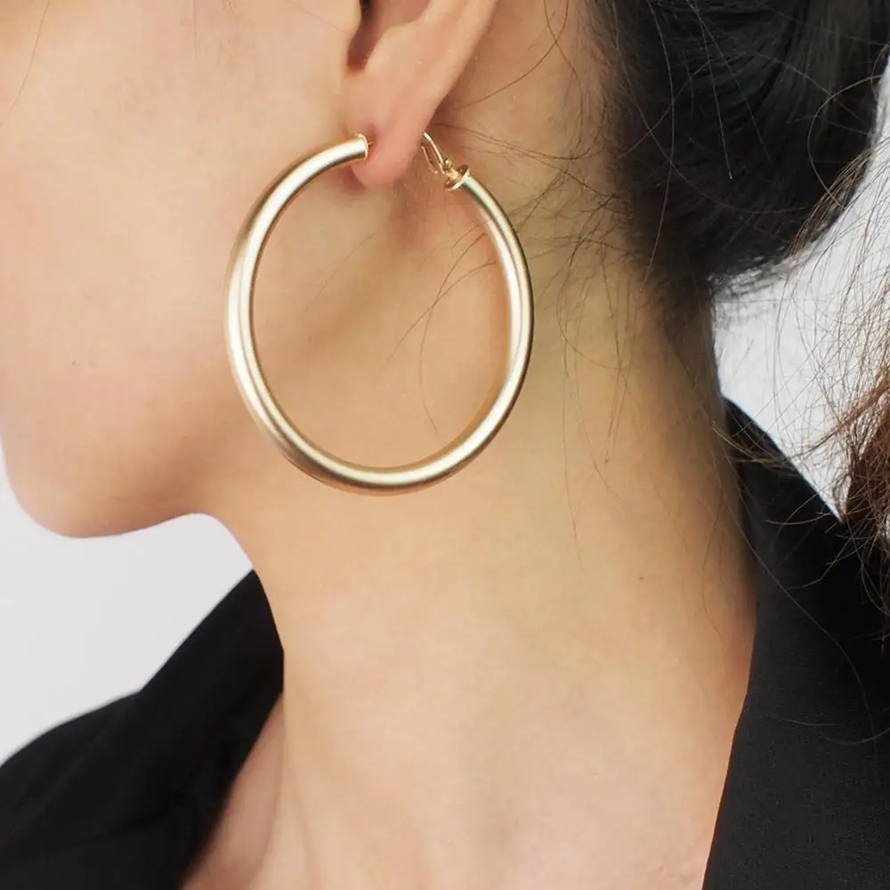 Trendy Copper Alloy Hoop Earrings For Women 40mm 50mm 60mm Gold Color