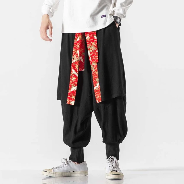 Fashion Men's Pants Harem Casual Baggy Hakama Linen Japanese Samurai Pants  Male