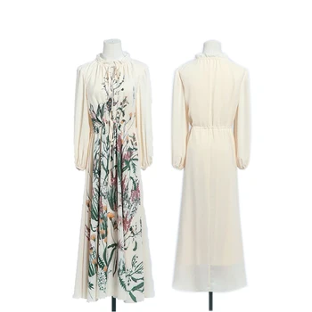 

Women Luxury Fashion Chiffon Long Dress High Quality Women's Floral Print French Fashion Retro Long Dress Autumn