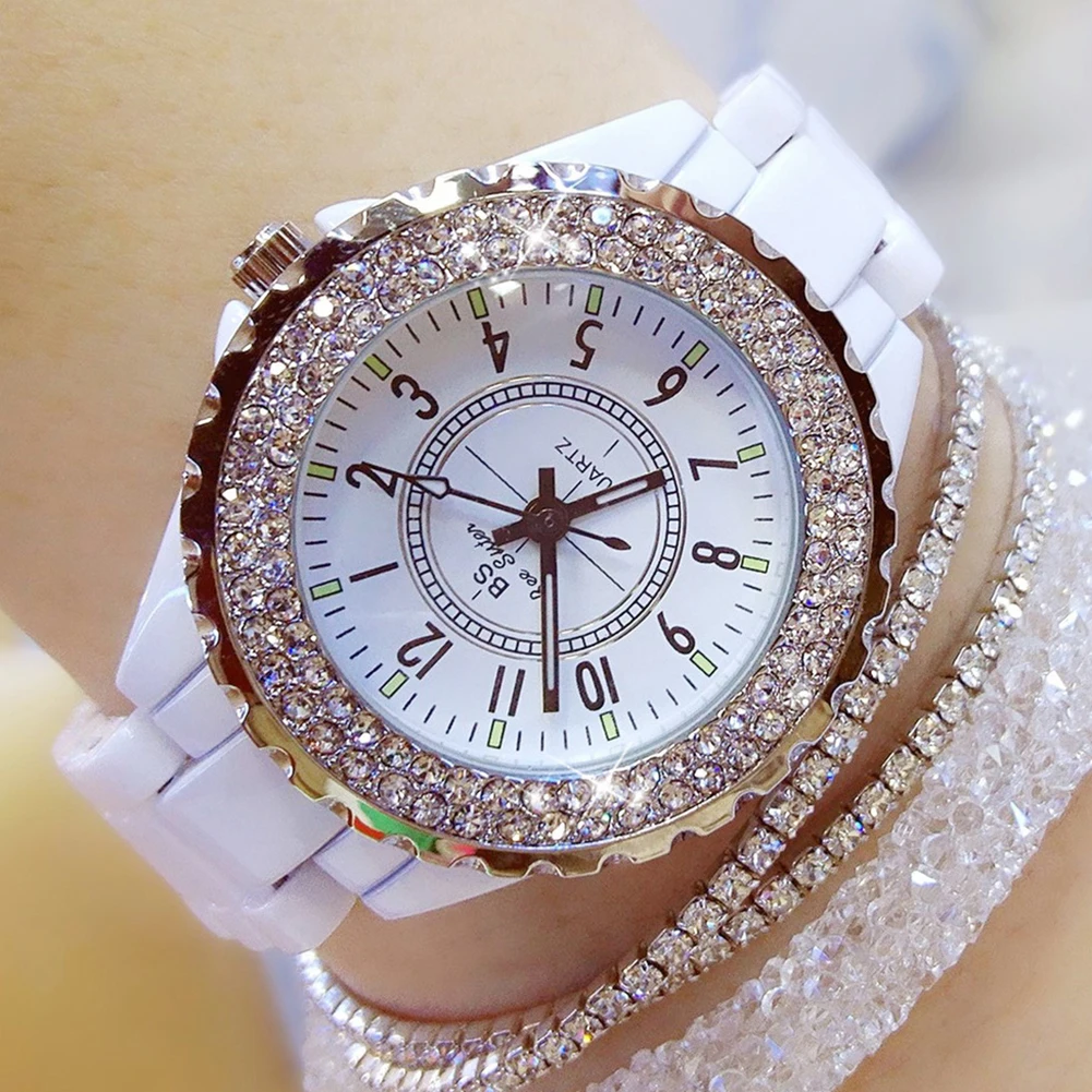 

2019 top brand luxury wrist watch for women white ceramic band lady watch quartz fashion women watches rhinestones black relogio