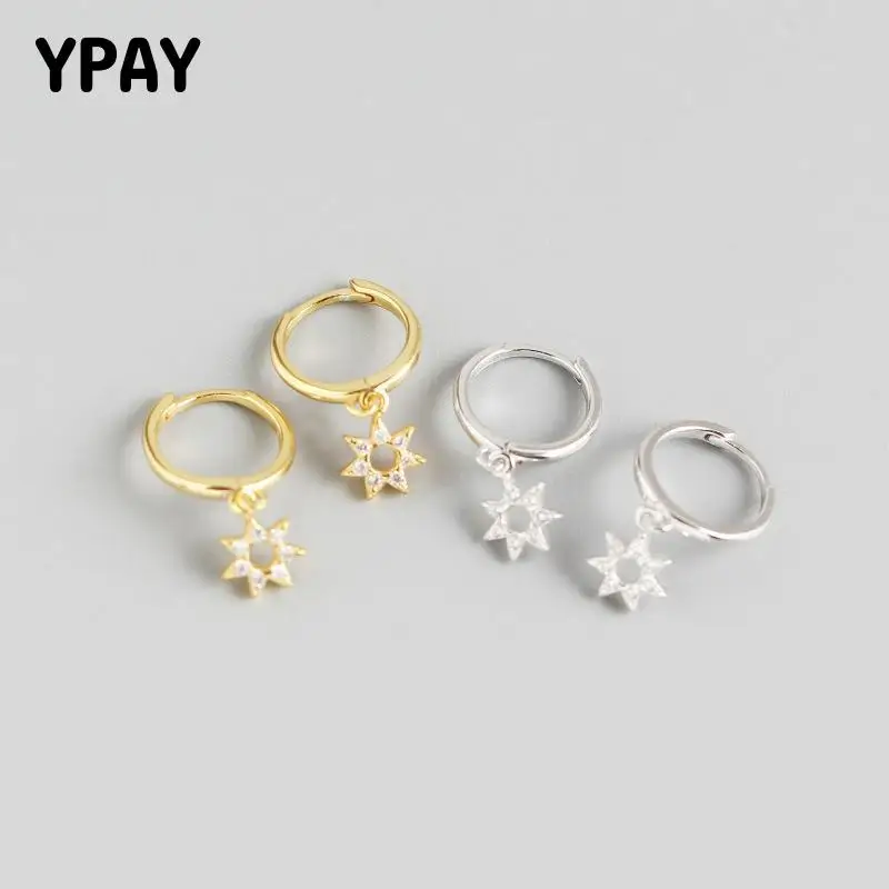 

YPAY 100% Real 925 Sterling Silver Hoop Earrings for Women Europe INS Mini Zircon Star Pendant Earring Fine Jewelry Gift YME646