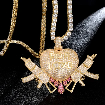 

US7 3D Heart Drip With Gun Love Pendant With Tennis Chain Gold Silver Color Cubic Zircon Women Men Hip hop Necklace Jewelry