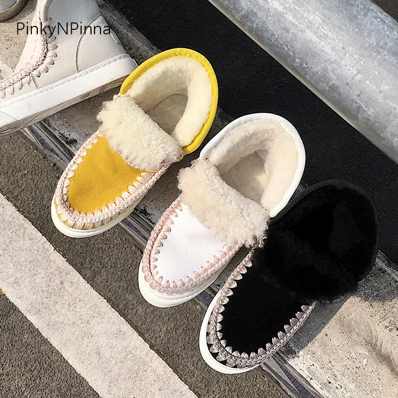lovely luxury women cow suede sheep wool lining snow boots slip on ankle booties flat casual holiday winter warm shoes plus size