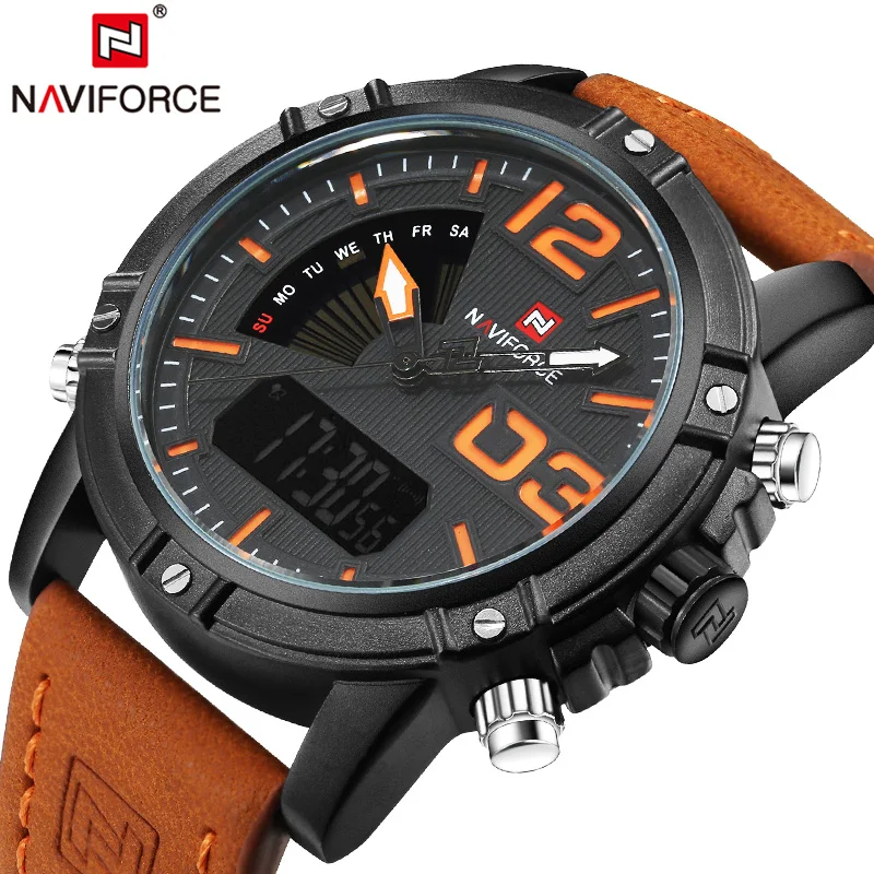 

NAVIFORCE Men's Wristwatch Clock Dates Leather Strap Orange Man Watch 2019 Digital Mens Business Male Watch With Luminous Dial