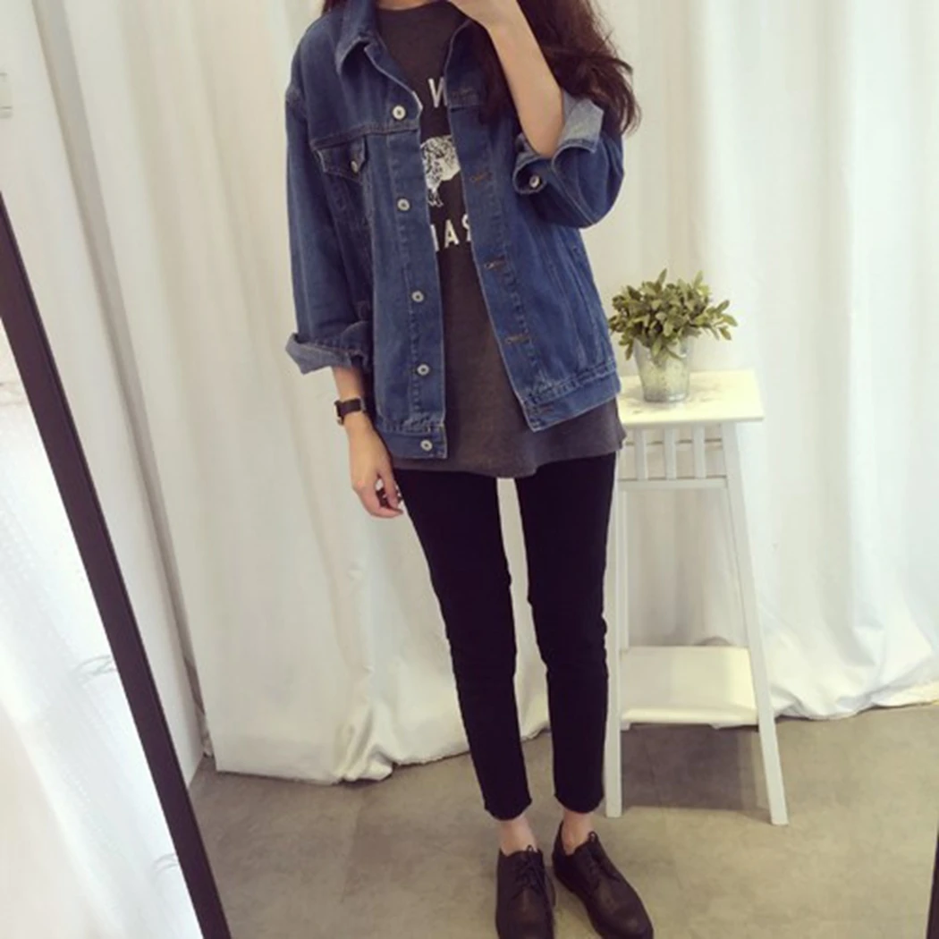

Nice Tide Fashionable Korea Jeans Jacket Women Preppy Style Lapel Collar Pocket Coats Female Long Sleeve Button Coat Rope Mujer