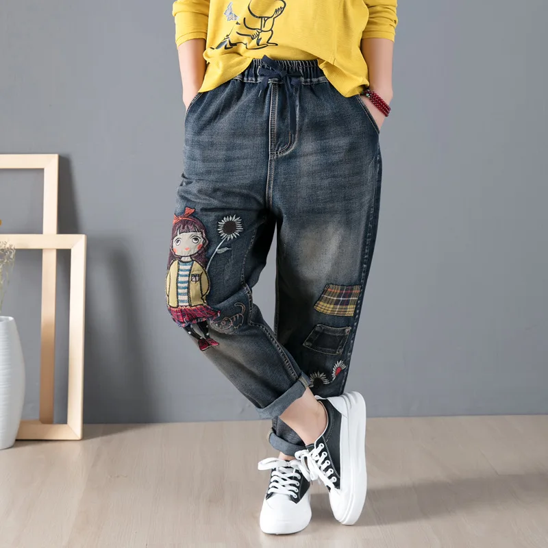 9235 Spring Summer Fashion Women Embroidery Patchwork Ankle Length Jeans  Office Lady Elastic Waist Blue Casual Harem Denim Pants