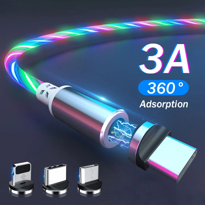 

3A Flowing Light Magnetic Cable USB Fast Charging Cable Micro USB Type C Magnet Charge Cord For Samsung Xiaomi Mobile Phone