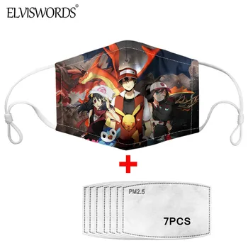 

ELVISWORDS Kawaii Pikachu Print Mouth Mask Hot Anime Pokemon Blue Fire Dragon Pattern Muffle Dusrproof Anti Haze Washable Masque