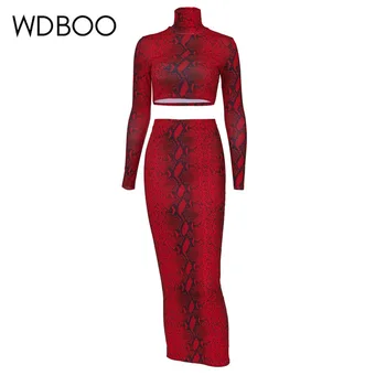 

WDBOO High Neck Snakeskin Print Crop Top Dress Two Piece Set Women 2 Piece Suits Club Outfits Tube Midi Skirt Sets Fall Winter