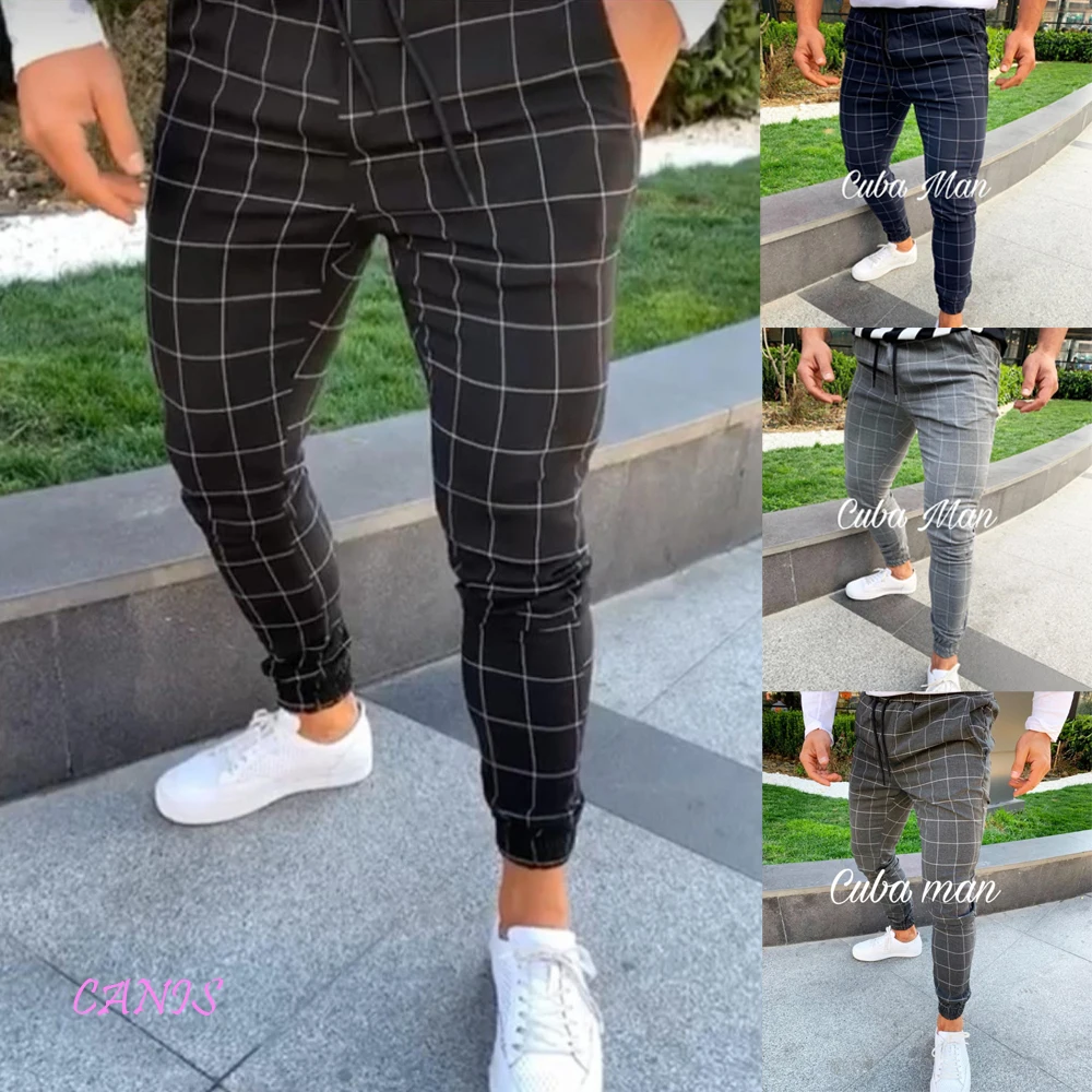 mens casual street plaid cropped pants