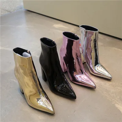 Vinapobo/модные женские ботильоны из лакированной кожи золотого, Серебряного и металлического цвета ботинки на высоком каблуке с острым носком пикантные женские ботинки на не сужающемся книзу массивном каблуке