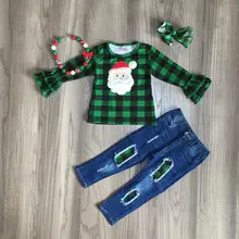 Christmas Fall/Winter baby girls Santa claus black plaid outfits denim jeans pants clothes ruffles boutique kidswear match bow