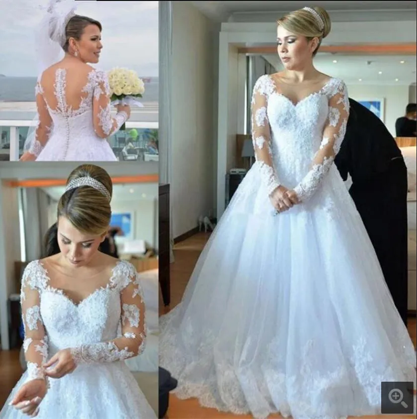 

2019 free shipping white lace appliques ball gown weding dresses long sleeve beaded sequins soop neckline wedding gowns