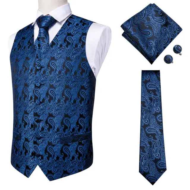 Hi-Tie 20 Color Silk Men's Vests and Tie Business Formal Dresses Slim Vest 4PC Hanky cufflinks for Suit Blue Paisley Waistcoat MS-0010