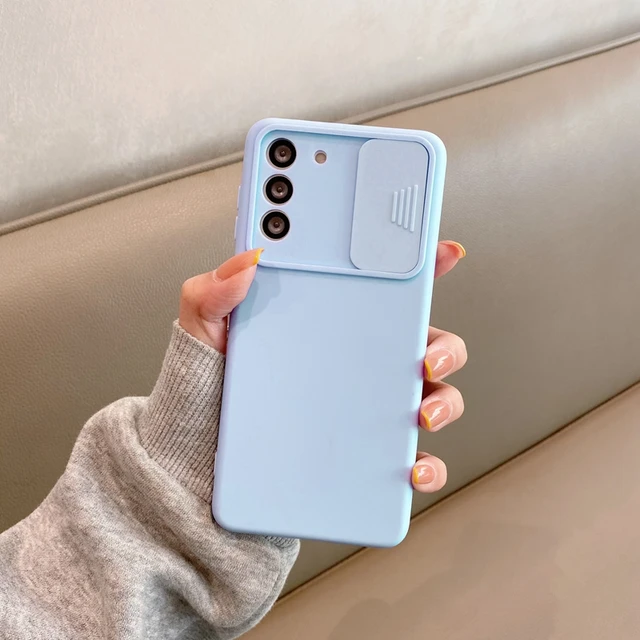 Slide Camera Lens Protector Liquid Silicone Phone Case For Samsung Galaxy S21 S20 Fe Plus Note 20 Ultra 5g S 21 Soft Back Cover light blue