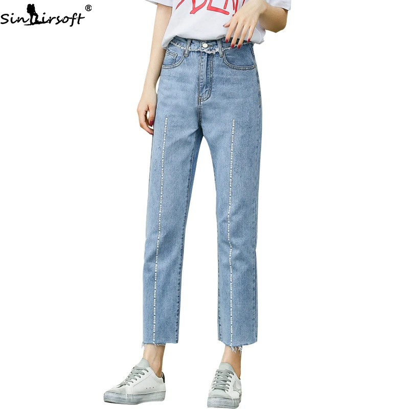 

2019 New Letter Printing Fashion Personality Straight High Waist Jeans Woman Befree Trend Loose Thin Raw Denim Pants Women