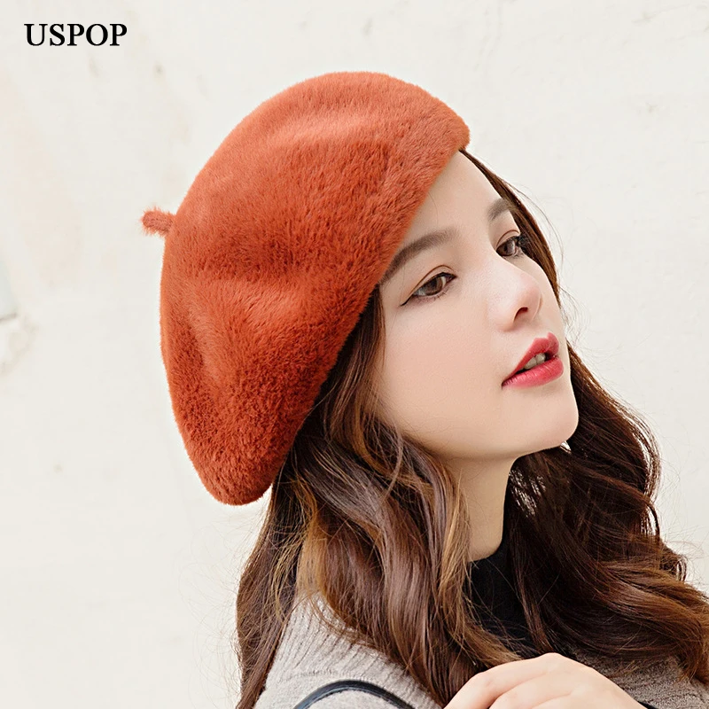 

USPOP New 2019 Women berets winter hats caps fashion solid color mink velvet berets