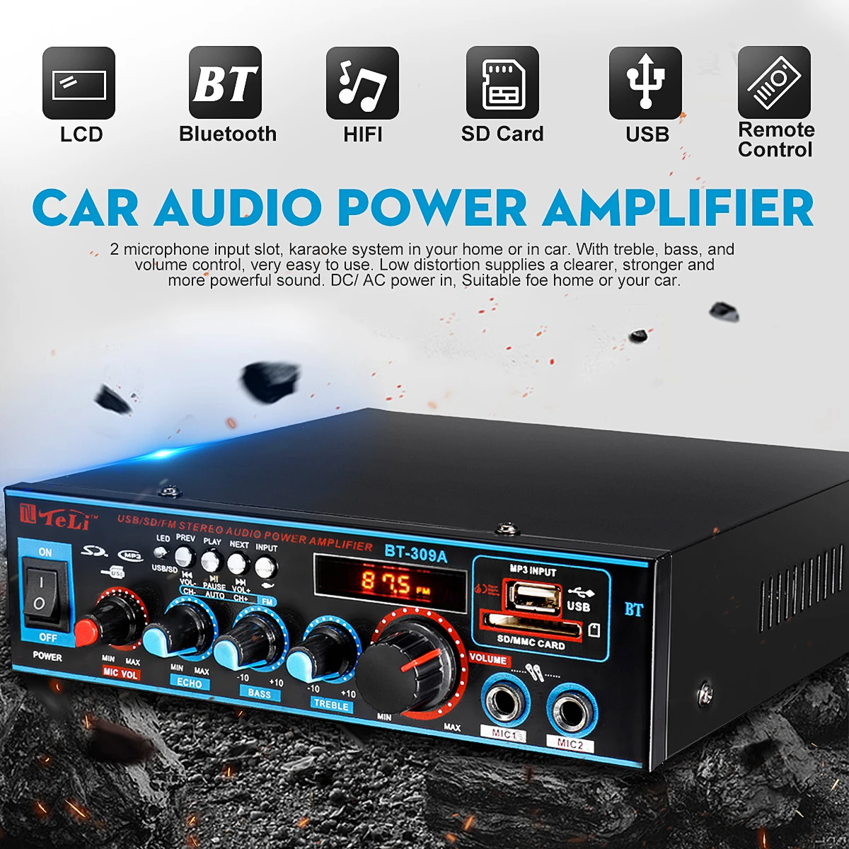 Двухканальный стерео автомобильный аудио усилитель мощности мини Hi-Fi bluetooth автомобильный стерео сабвуфер усилитель с пультом дистанционного управления fm-радио