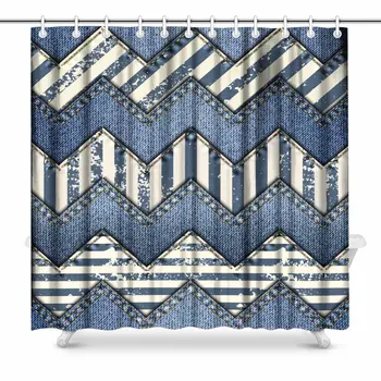

Modern Blue Patchwork in Nautical Chevron and Stripe Style Waterproof Fabric Shower Curtain Set for Bathroom with Hooks,