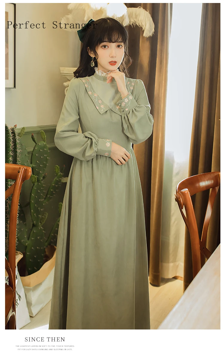 2020 Autumn Winter New Arrival High Quality Retro Hot Sale Stand Collar Flower Embroidery Women Long Cotton Dress