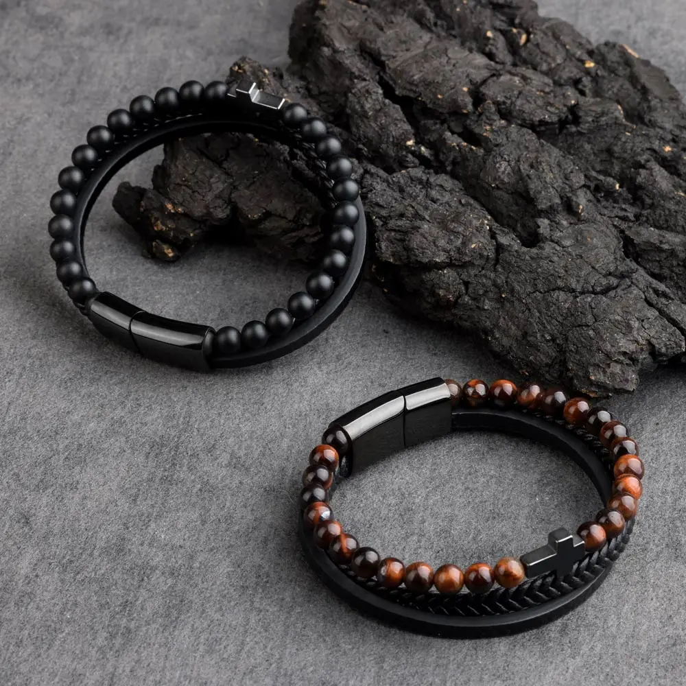 Natural Stone Beads Cross Bracelet On Hand Genuine Leather Braided Stainless Steel Magnetic Clasp Bangles For Men Jewelry Gift