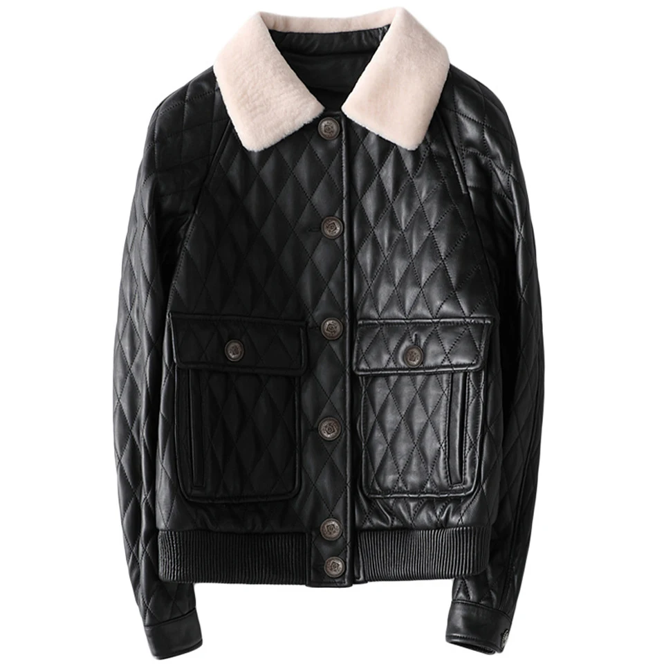 

Women's Leather Jacket Short Long Sleeves Sheepskin Lapel Single Breasted Soft Texture Elasticity Warm Ladie Jacket Casual Style
