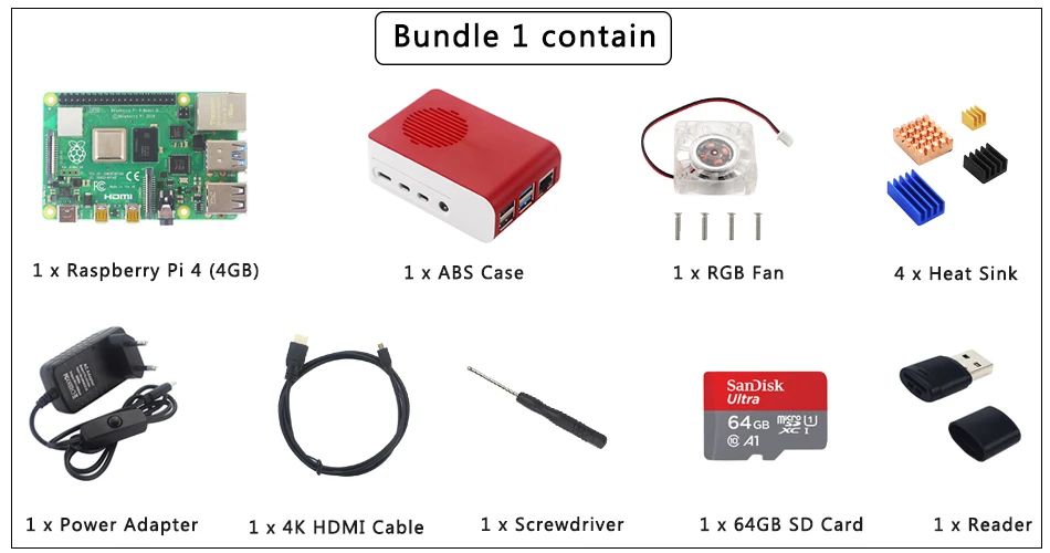 UK Raspberry Pi 4 Модель B комплект+ ABS чехол+ светодиодный светильник вентилятор+ питание+ Micro HDMI+ радиатор дополнительно 64 32 Гб SD карта | ридер