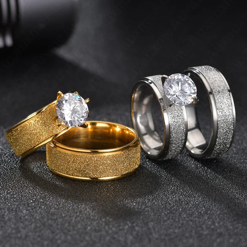Auxauxme Bling White Stones Engagement Rings for Couples Golden Titanium Steel Romantic Wedding Ring Women Men Jewelry wedding rings finger rings engagement rings couple rings stone rings titanium steel rings
