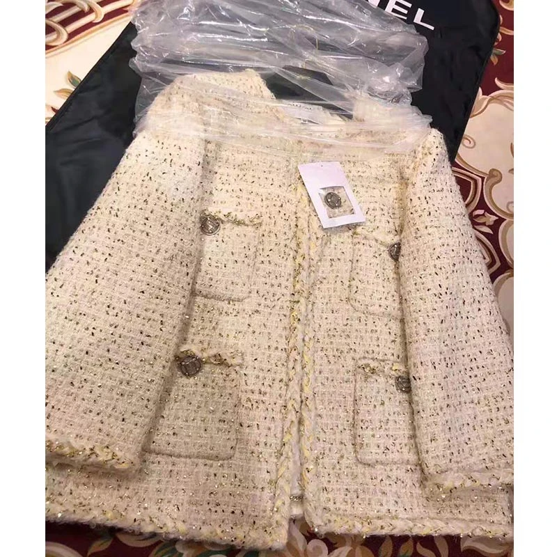 

Cosmicchic Women Autumn Elegant White Short Coat Luxury Wool Tweed Jacket Long Sleeve Gold Thread Weaving OL Ladies Jacket