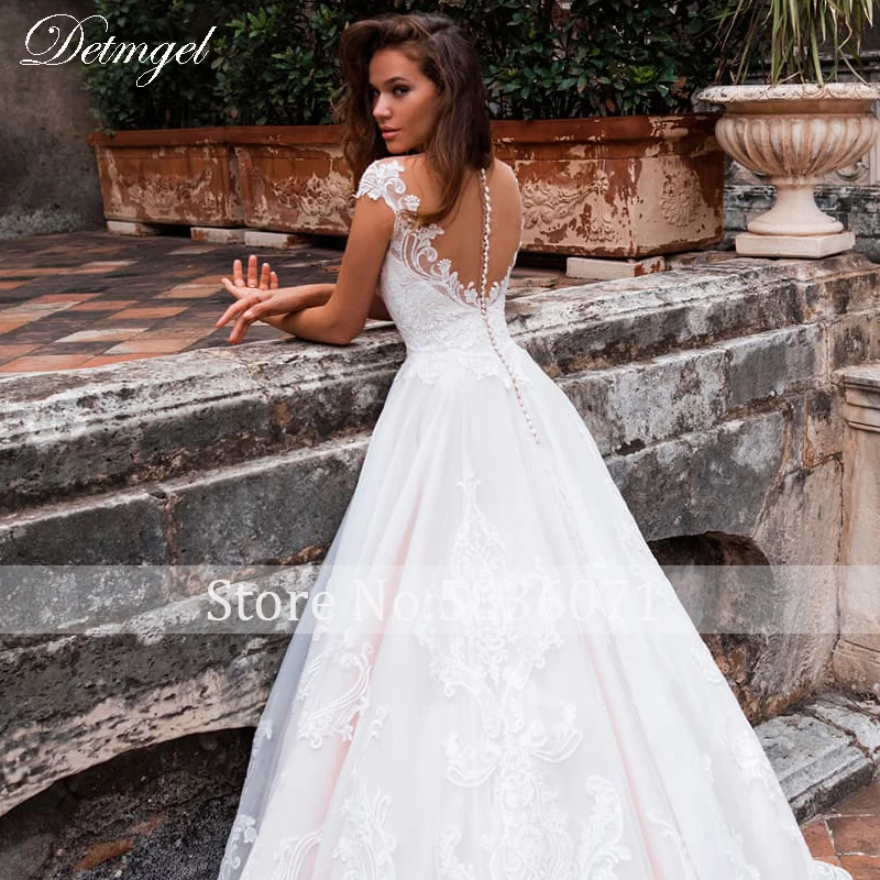 Detmgel Gorgeous Appliques Cap Sleeve A-Line Wedding Dress New Elegant Scoop Neck Button Court Train Tulle Vintage Wedding Gown