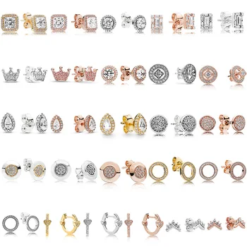 

Women Silver Color Earrings Rose Gold Heart Pink Crystal Crown Round Shape Full Crystal Earring Drip For Women Jewelry
