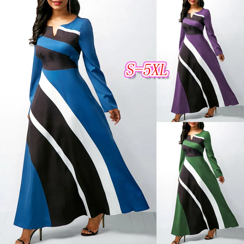 

V-collar Geometric Printed Long-sleeved Maxi dress women High Street Loose Full Regular sleeve Empire Ankle-Length