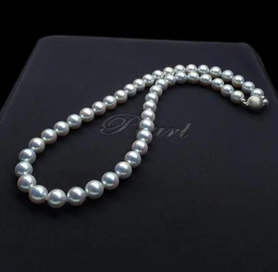 Free Shipping Luminous AAA 8.5-9mm Round Genuine Akoya Silver Pearl Necklace 14k White Gold