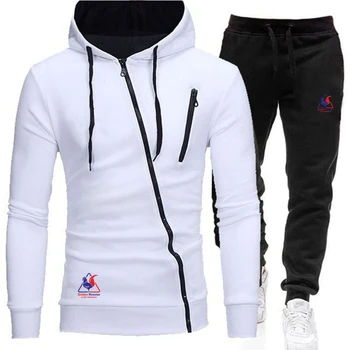 

2020 new men's solid color leisure high-quality Hoodie + trousers suit men's pull rope diagonal zipper cardigan pants suit