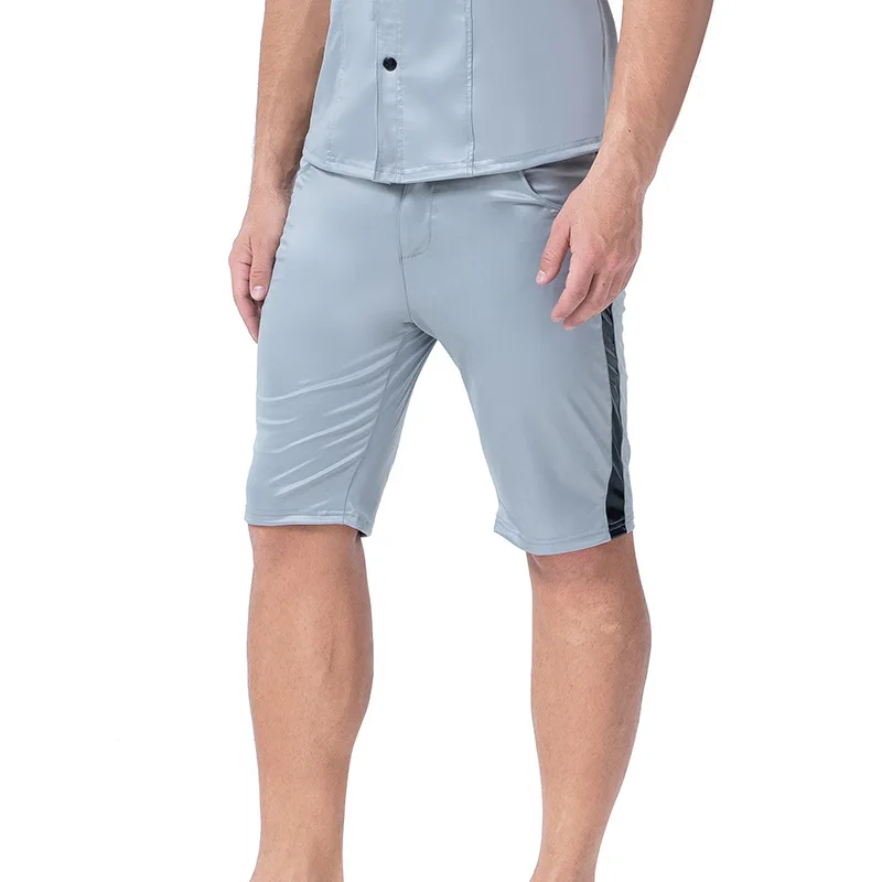 XX149 S-2XL мужские искусственная кожа застежка Брюки с карманами ночной клуб черный ПВХ бондаж шорты Готический полосатый рядом фетиш