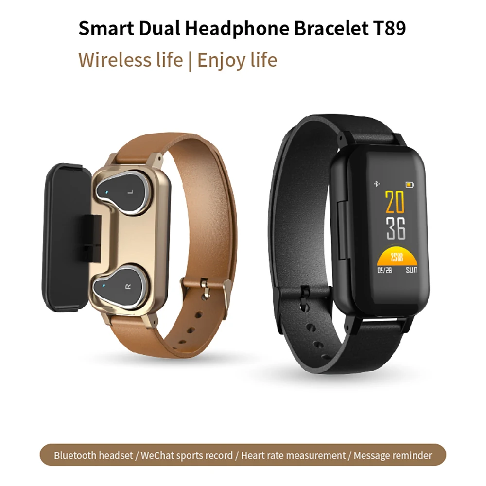 T89 TWS Смарт-часы для мужчин с Bluetooth наушники бинауральные наушники монитор сердечного ритма Здоровье Браслет Фитнес браслет часы