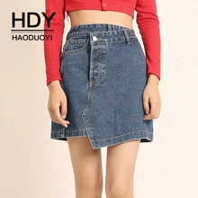 HDY Haoduoyi Новая модная простая повседневная одноцветная Асимметричная джинсовая юбка средней длины с карманами и высокой талией