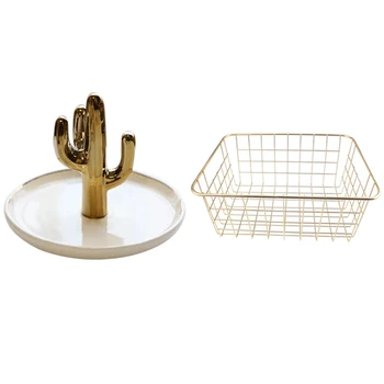

Cactus Shaped Jewelry Display Storage Trays Stand Dish Holder & Metal Wire Storage Basket Cosmetic Organizer Holder